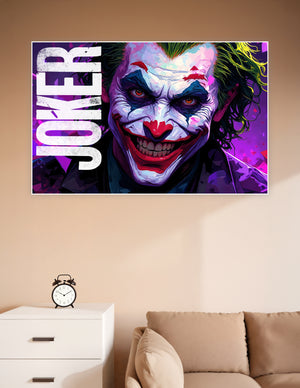 Vibrant digital art poster of the Joker with white face paint, red smile, green hair, and glowing orange eyes against a purple background with bold JOKER typography