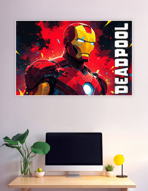 Iron Man red and gold armor with glowing arc reactor and Deadpool branding on a fiery red comic-art style poster