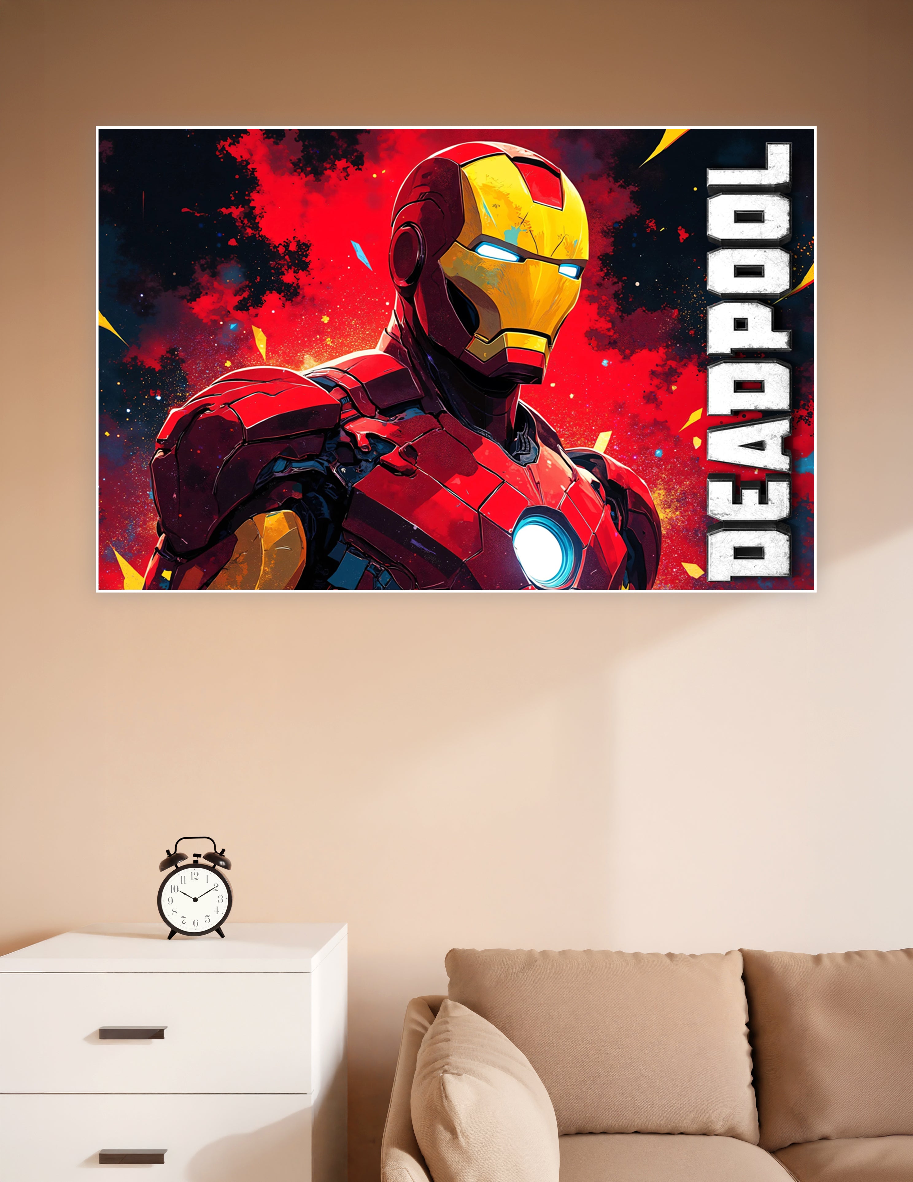 Iron Man red and gold armor with glowing arc reactor and Deadpool branding on a fiery red comic-art style poster