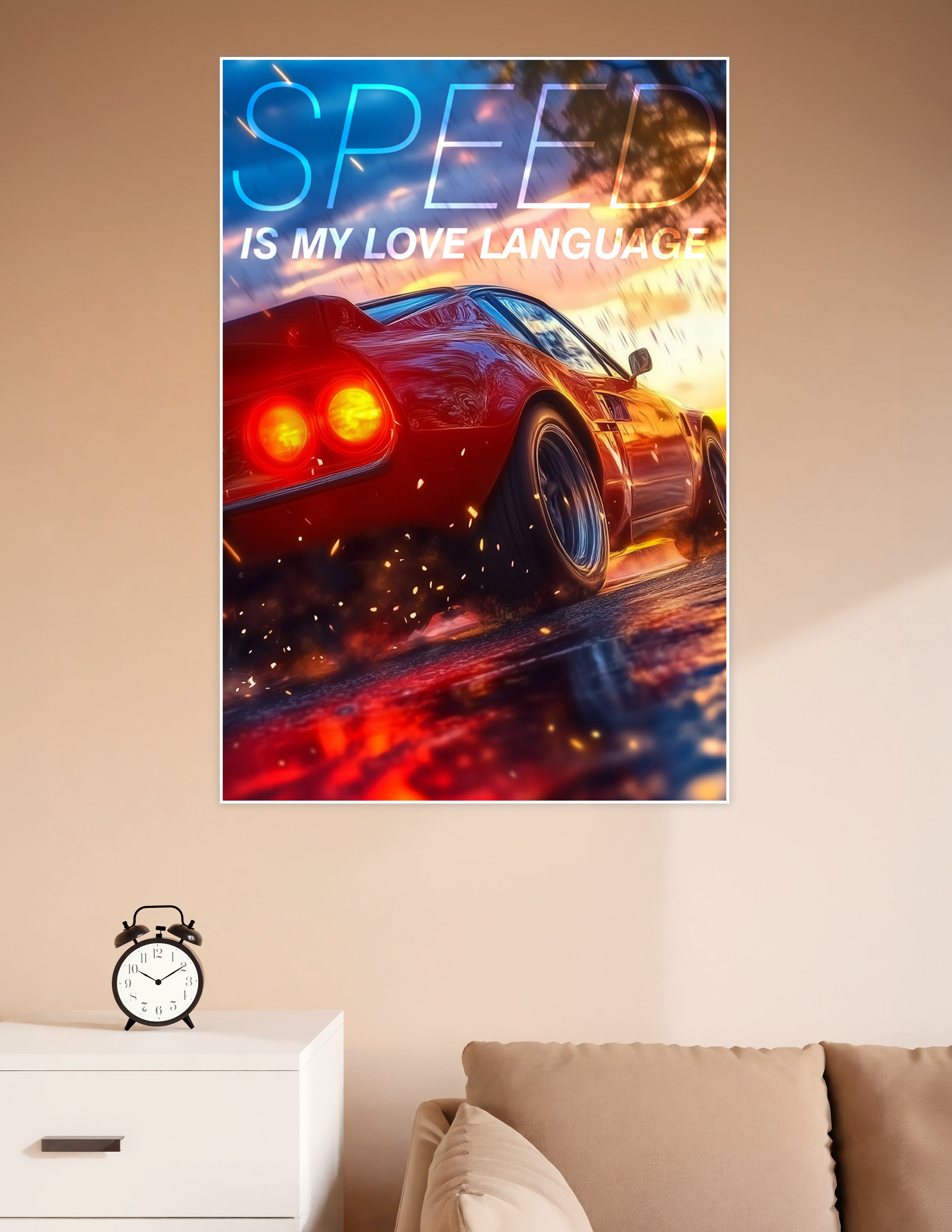 Red supercar rear view with glowing taillights, sparks, and rain with bold 'Speed Is My Love Language' typography on a dramatic sunset background