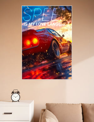 Red supercar rear view with glowing taillights, sparks, and rain with bold 'Speed Is My Love Language' typography on a dramatic sunset background