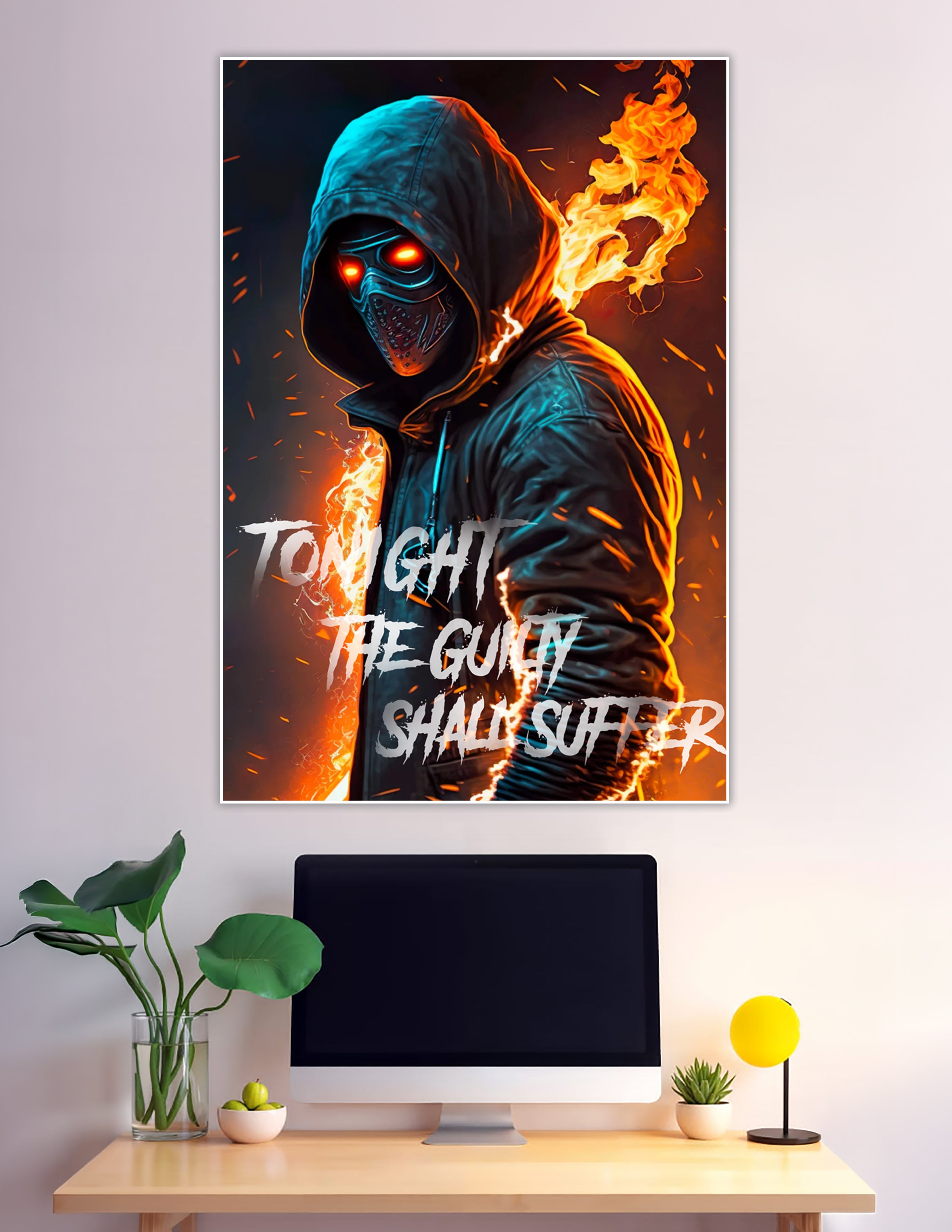 Hooded masked figure with glowing red eyes and flames