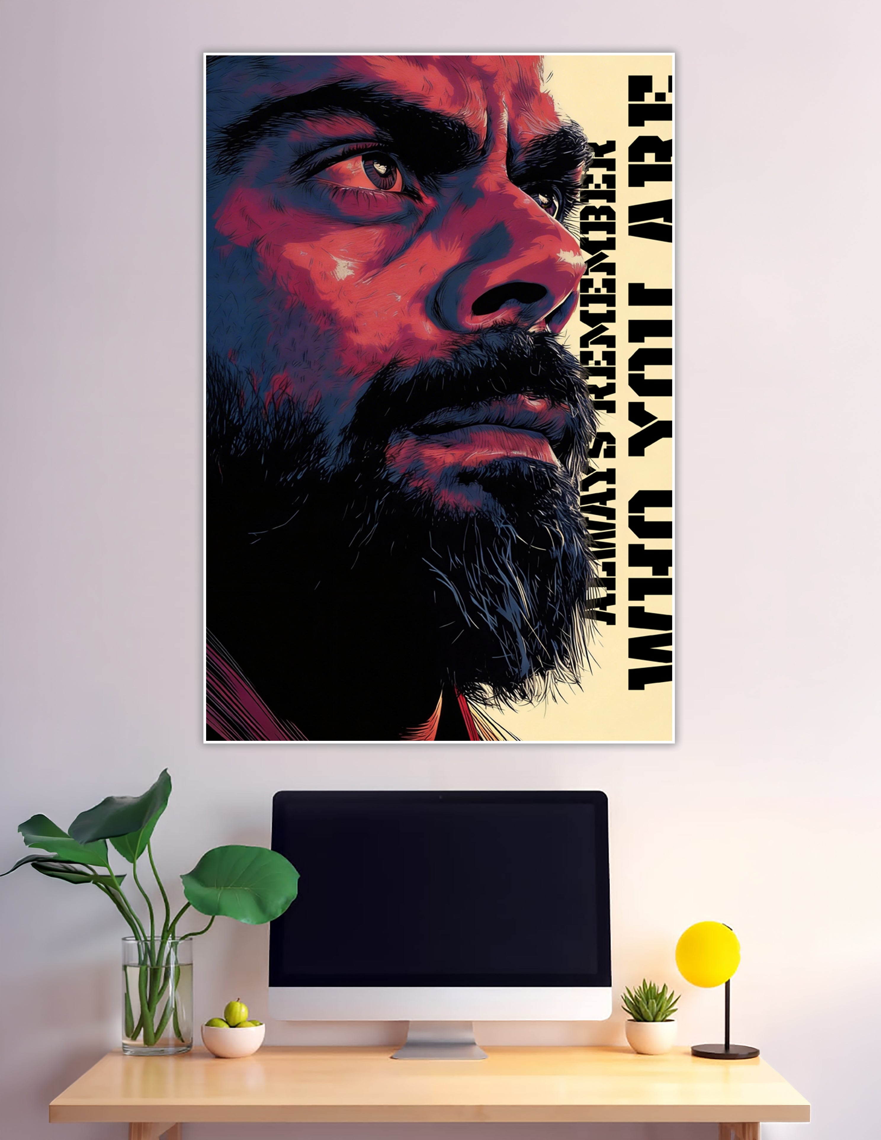 Bold illustrated portrait poster with motivational identity quote