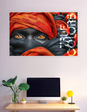 Close-up poster of a Tuareg warrior with glowing amber eyes wearing a red turban and black face wrap, with repeated figures in the background