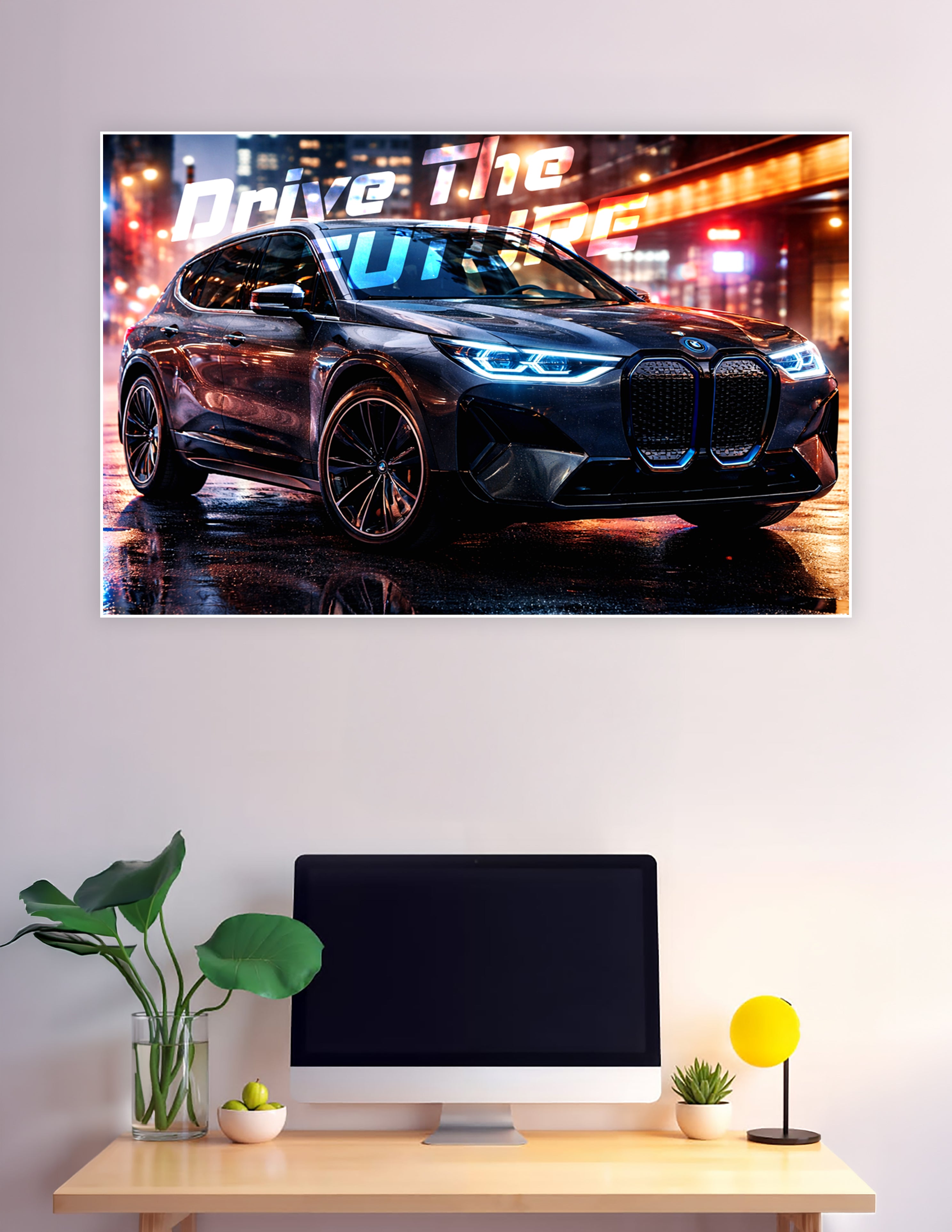 BMW iX electric SUV neon city night drive poster