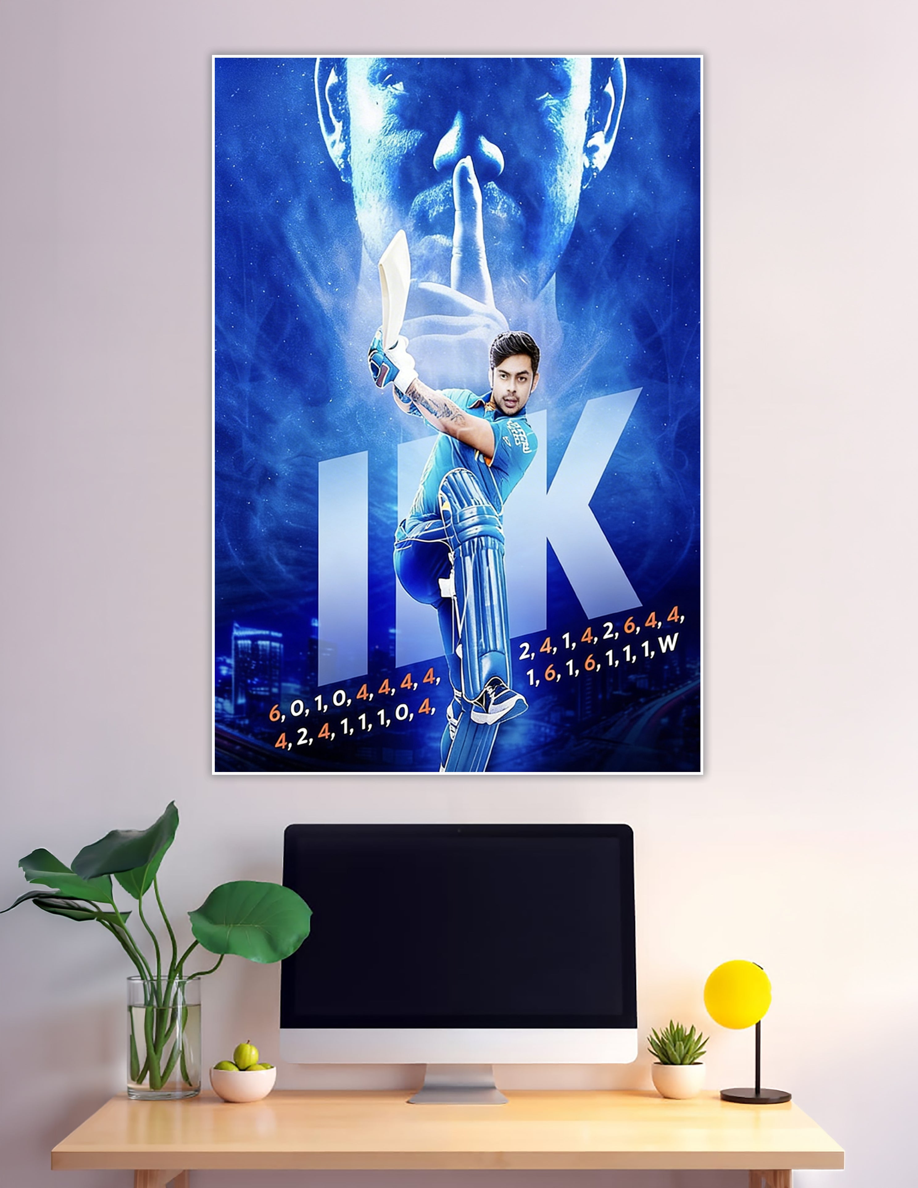 Blue neon cricket batsman action poster with match scorecard