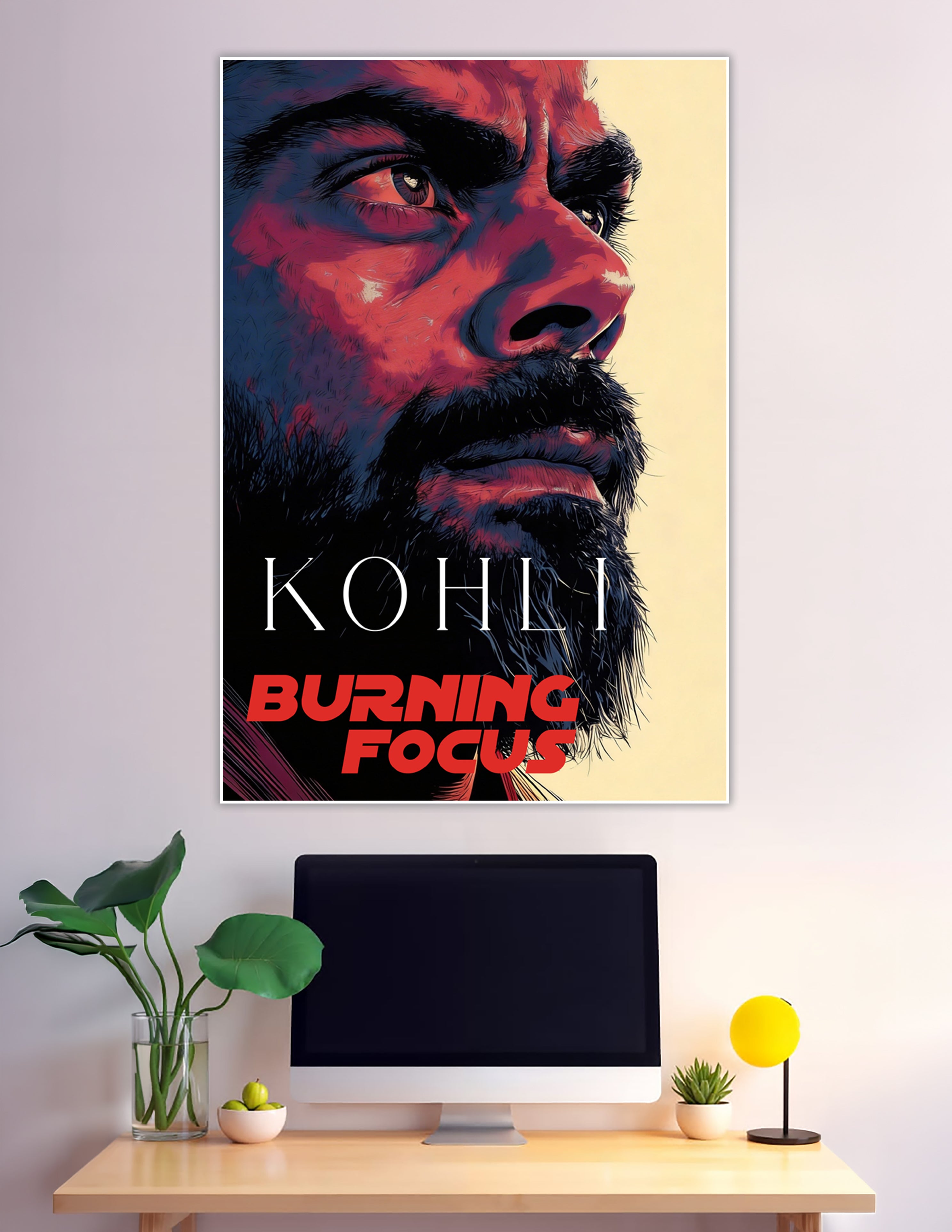 Kohli burning focus illustrated cricket portrait poster red tones