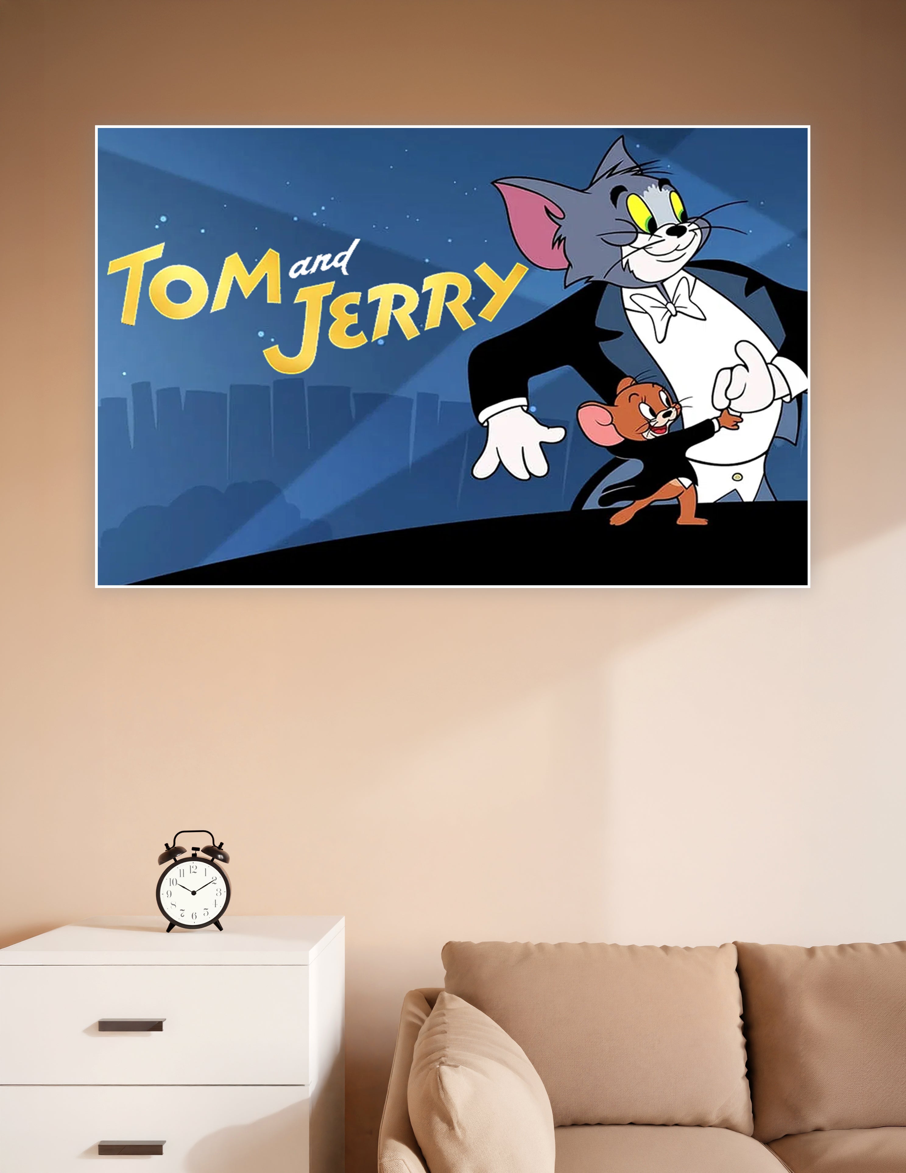 Tom and Jerry tuxedo cartoon poster on blue background