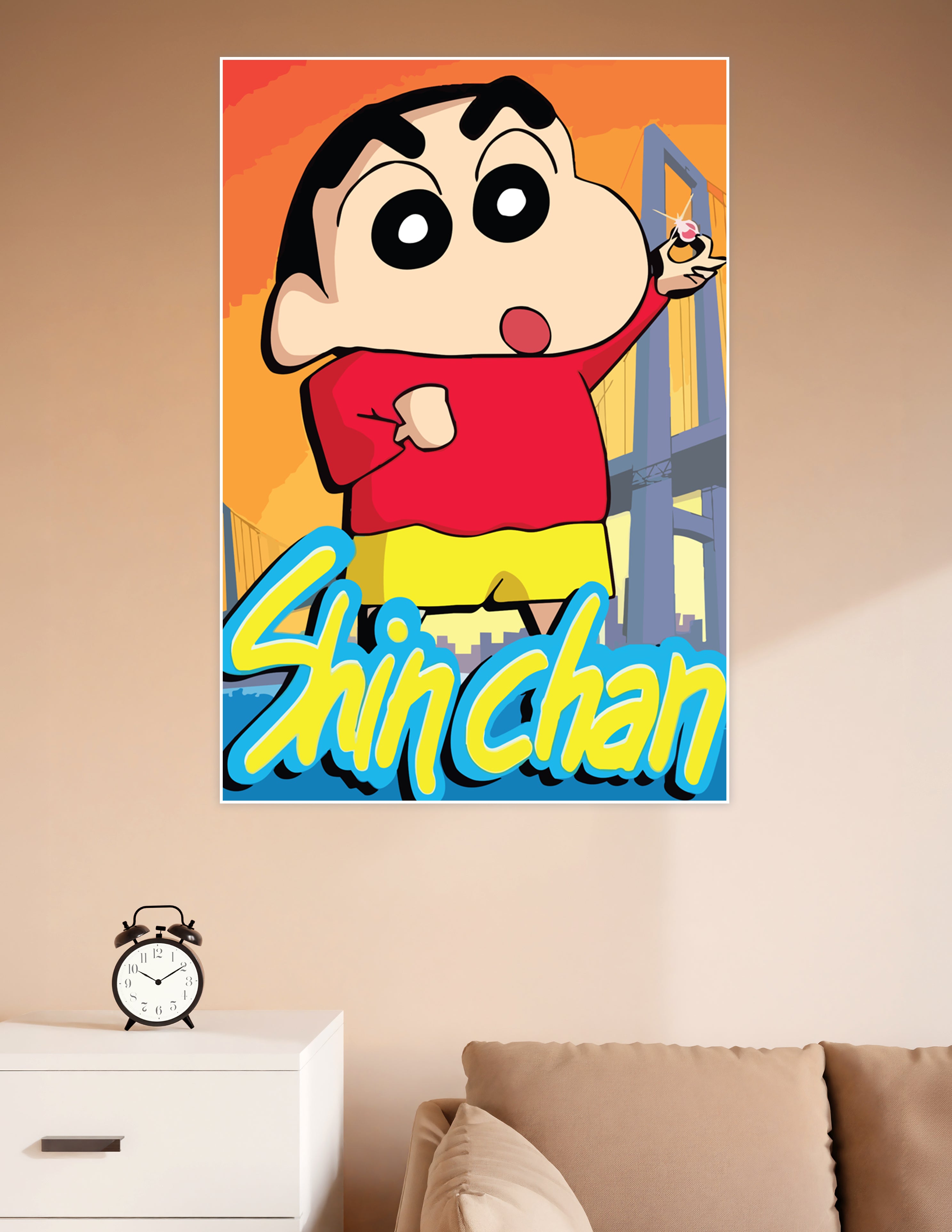 Shin-Chan cartoon character in red shirt and yellow shorts holding a ring, set against an orange sunset cityscape background, classic anime poster art