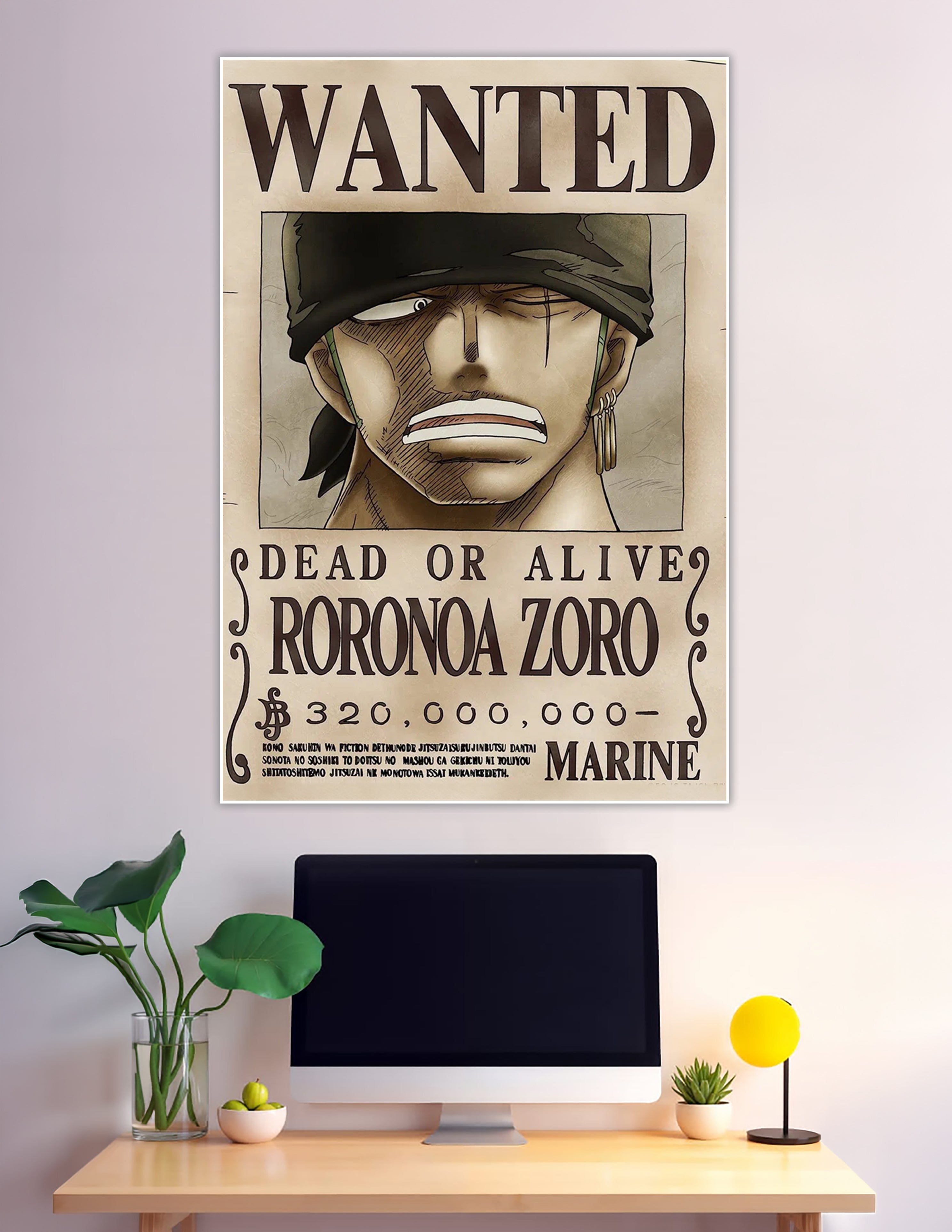 Roronoa Zoro Wanted Dead or Alive bounty poster from One Piece anime, featuring 320,000,000 Berry reward on aged parchment background