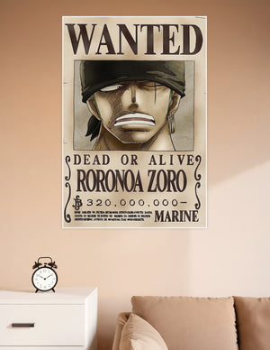 Roronoa Zoro Wanted Dead or Alive bounty poster from One Piece anime, featuring 320,000,000 Berry reward on aged parchment background