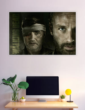The Walking Dead promotional poster showing the wounded Governor with a bandaged eye and Rick Grimes in a dark cinematic composition with the show title on the left