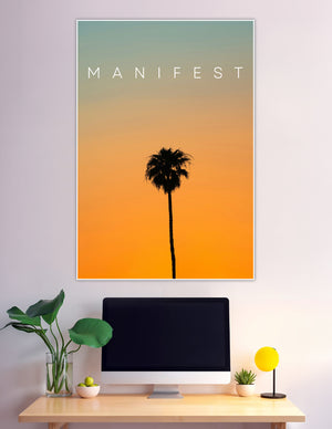 Manifest motivational poster with palm tree sunset silhouette