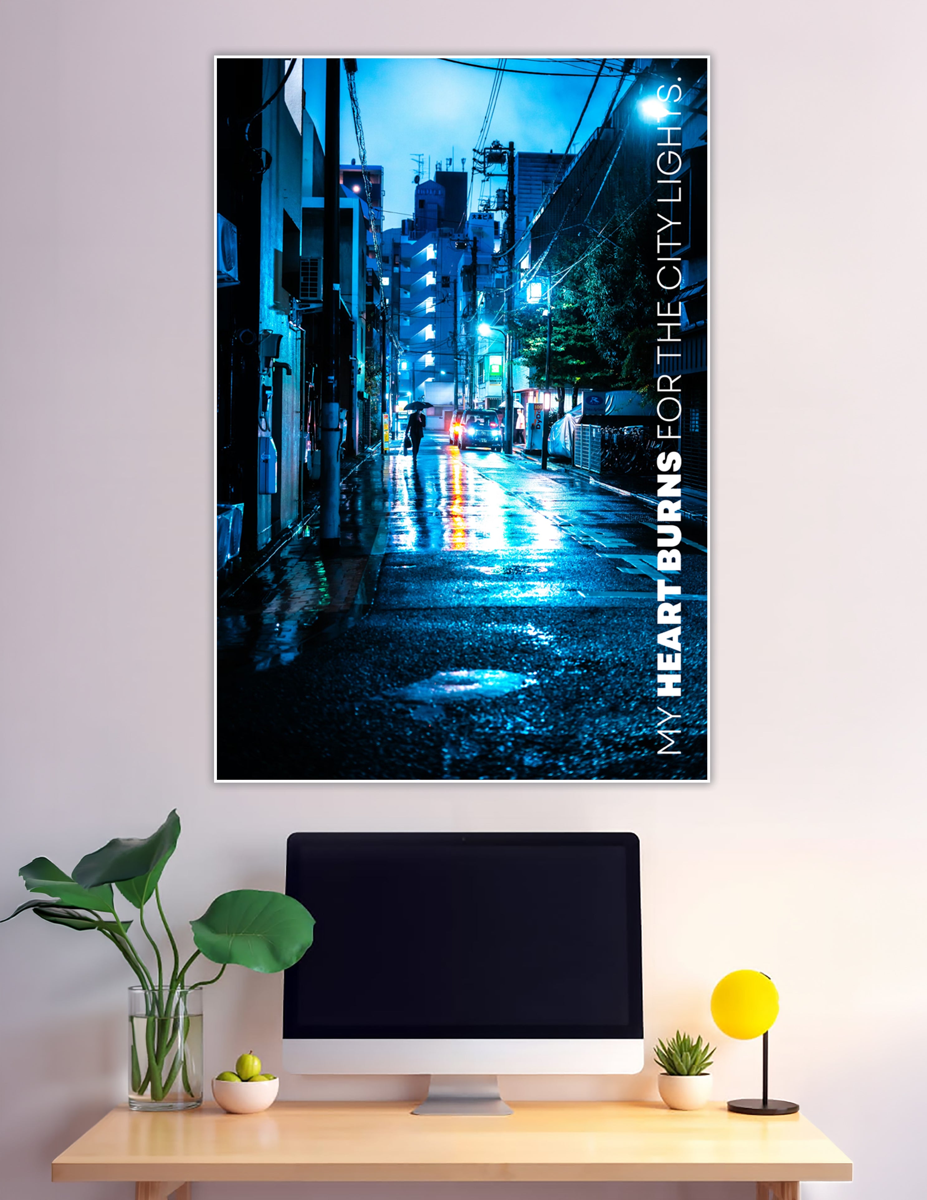Blue neon rainy Tokyo street night poster with quote