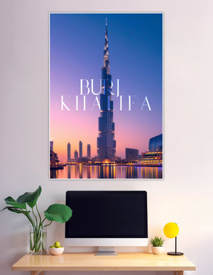 Burj Khalifa towering over Dubai's twilight skyline with deep blue and rose gradient sky, bold typographic overlay, reflected city lights on water