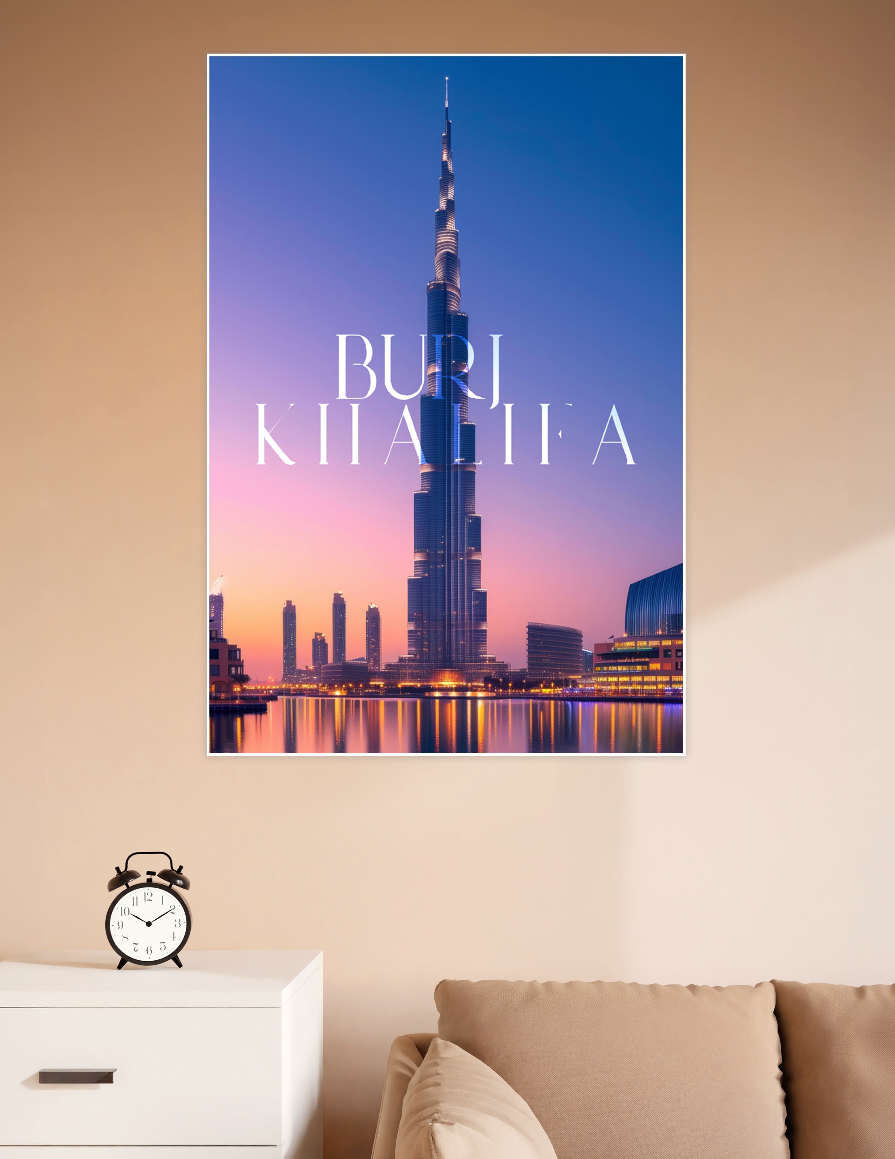 Burj Khalifa towering over Dubai's twilight skyline with deep blue and rose gradient sky, bold typographic overlay, reflected city lights on water