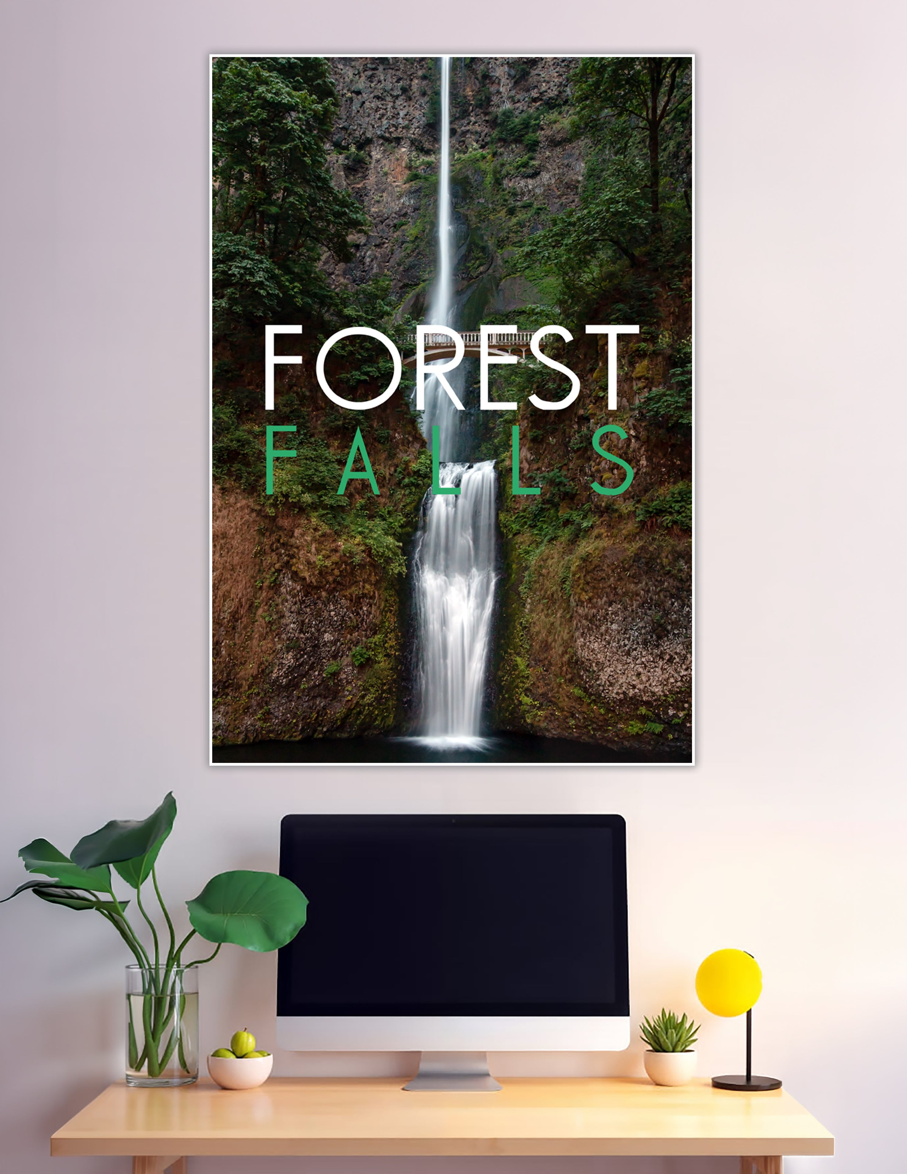 Forest Falls two-tier waterfall poster with green typography