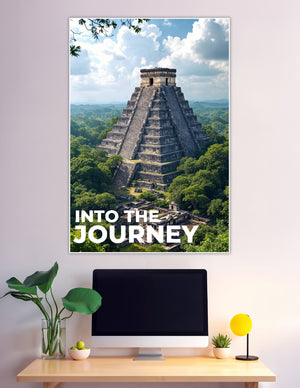 Mayan pyramid rising above jungle canopy travel poster