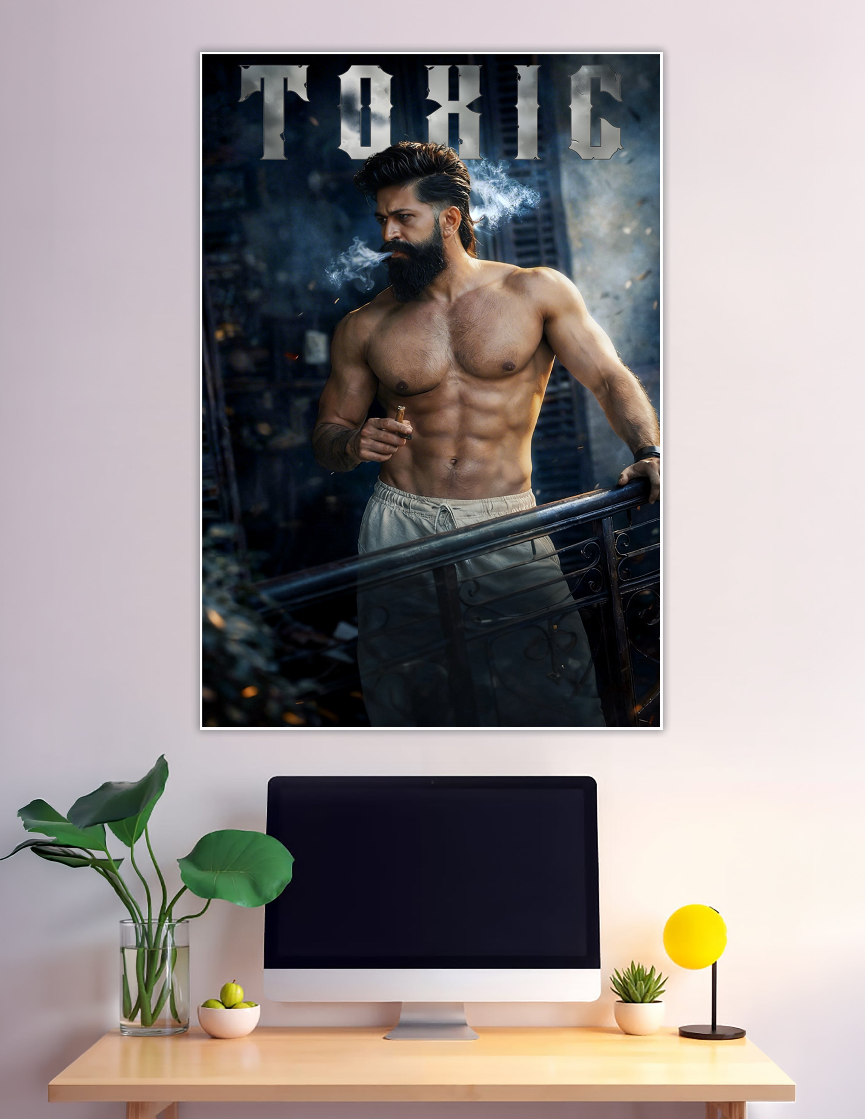 Toxic movie poster featuring a muscular bearded action hero smoking a cigar against a dark dramatic background with the title TOXIC at the top