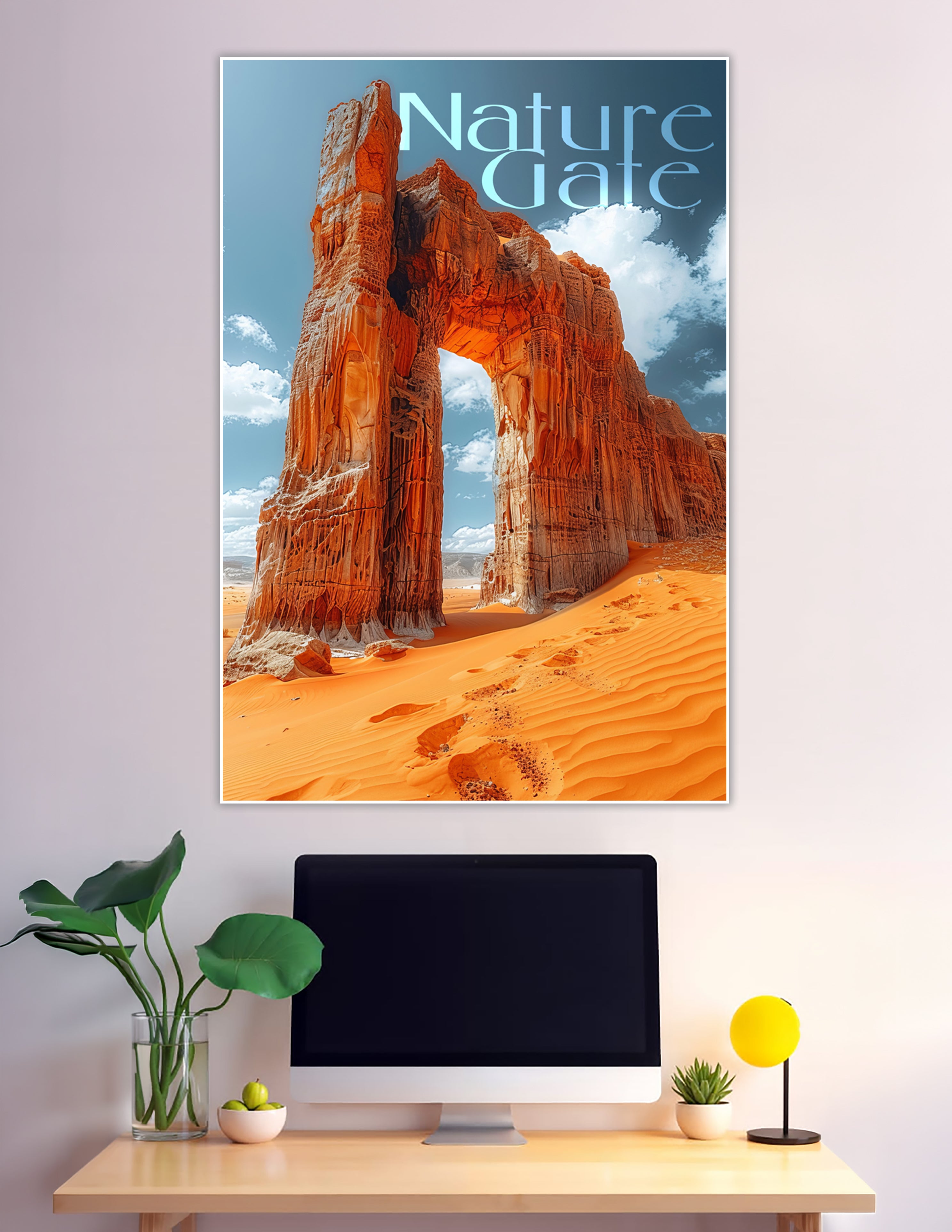Towering sandstone rock arch over golden desert dunes