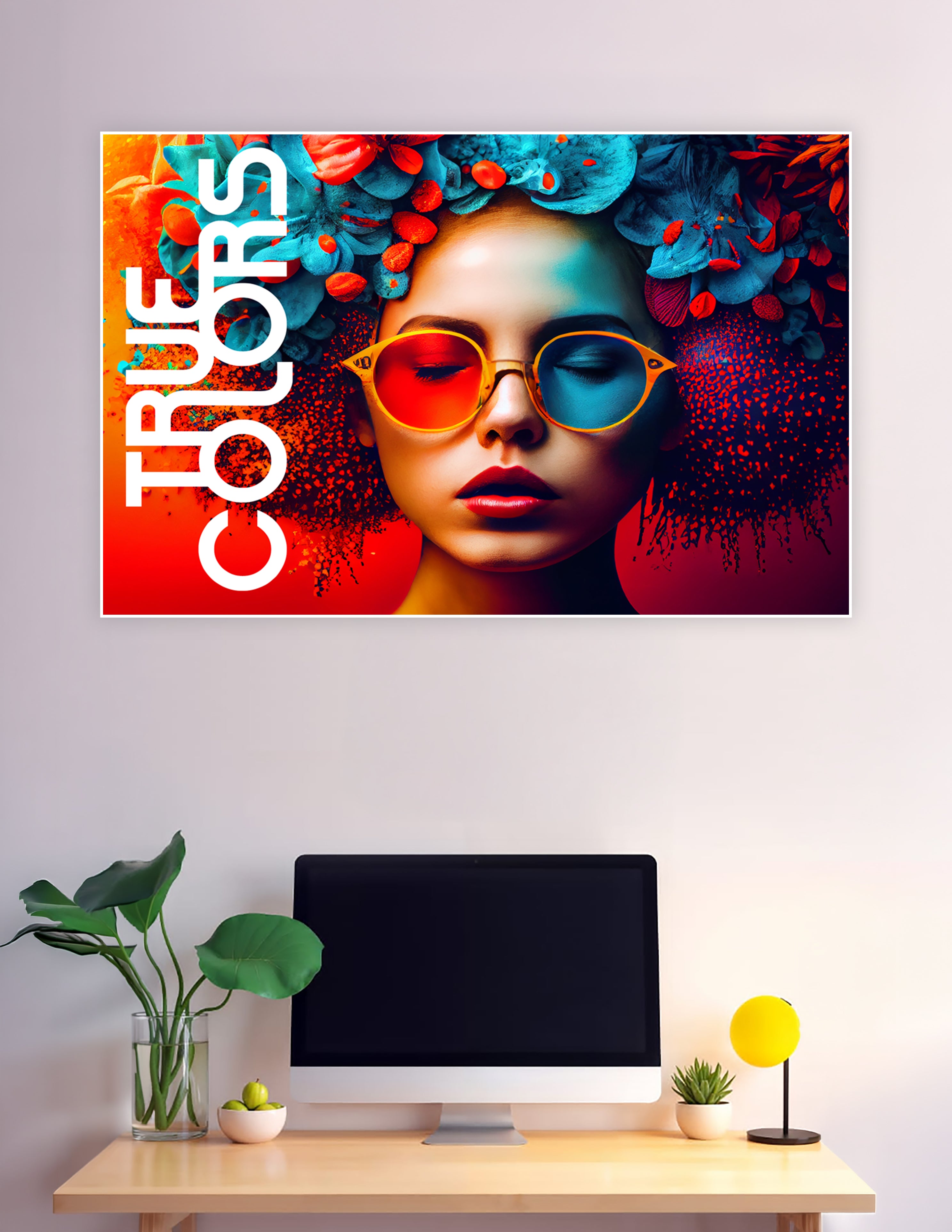 Surreal fashion art poster of a woman with vibrant blue floral headwear and split red-blue sunglasses against a bold red and teal background, titled True Colors