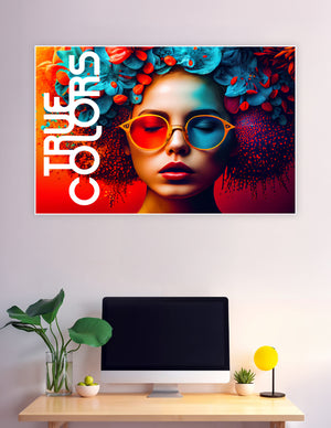 Surreal fashion art poster of a woman with vibrant blue floral headwear and split red-blue sunglasses against a bold red and teal background, titled True Colors