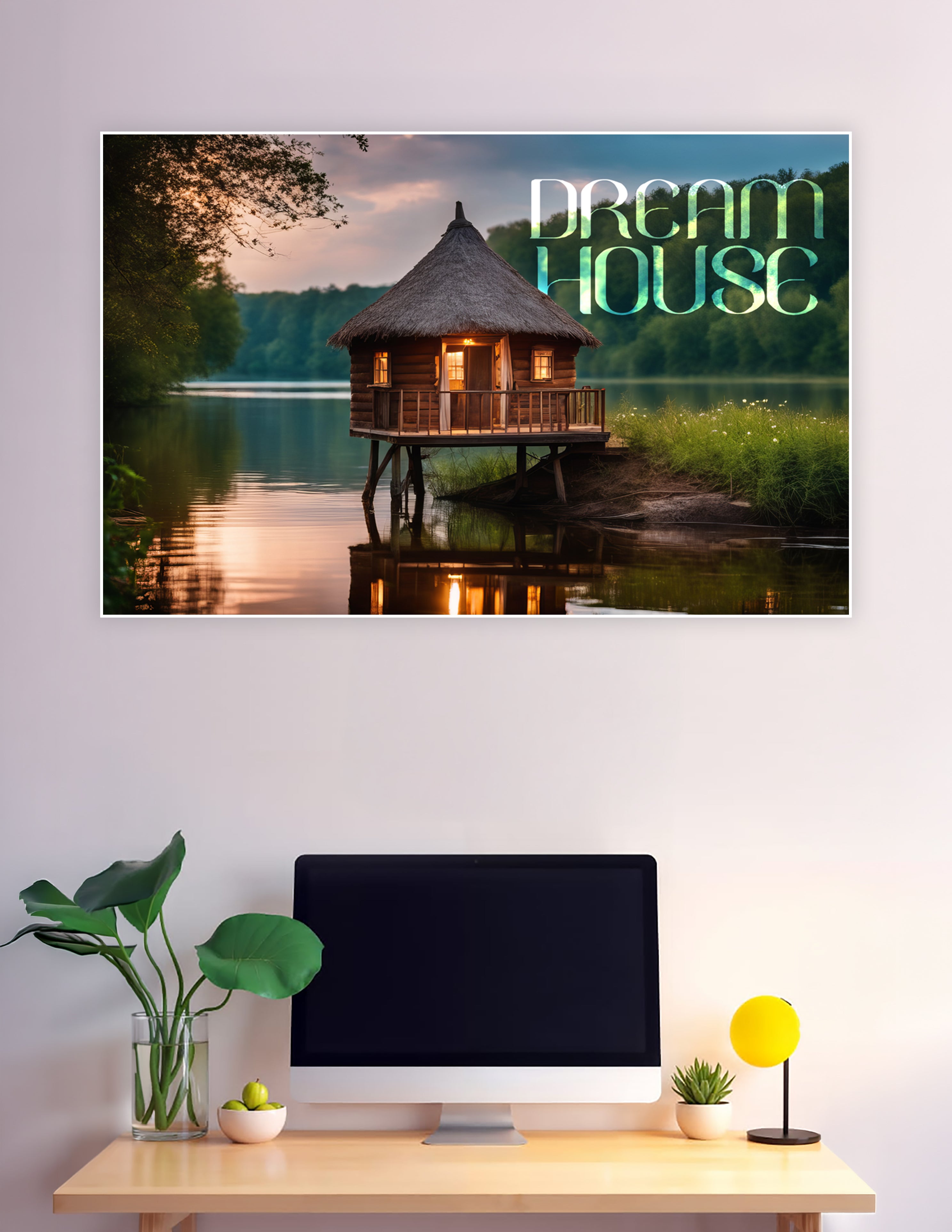 Glowing thatched cabin on lake at dusk dream house poster
