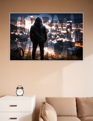 Hooded figure standing on a hilltop overlooking a glowing night city skyline with Urban Vision typography overlay poster