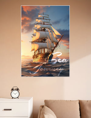 A majestic tall ship with full white sails sailing through golden ocean waves at sunset, with the words Sea Journey overlaid in elegant script