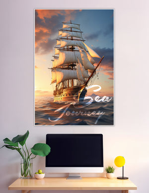 Tall sailing ship on ocean waves at golden sunset