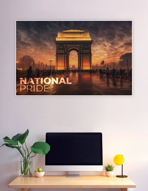India Gate New Delhi glowing at dramatic sunset with crowds