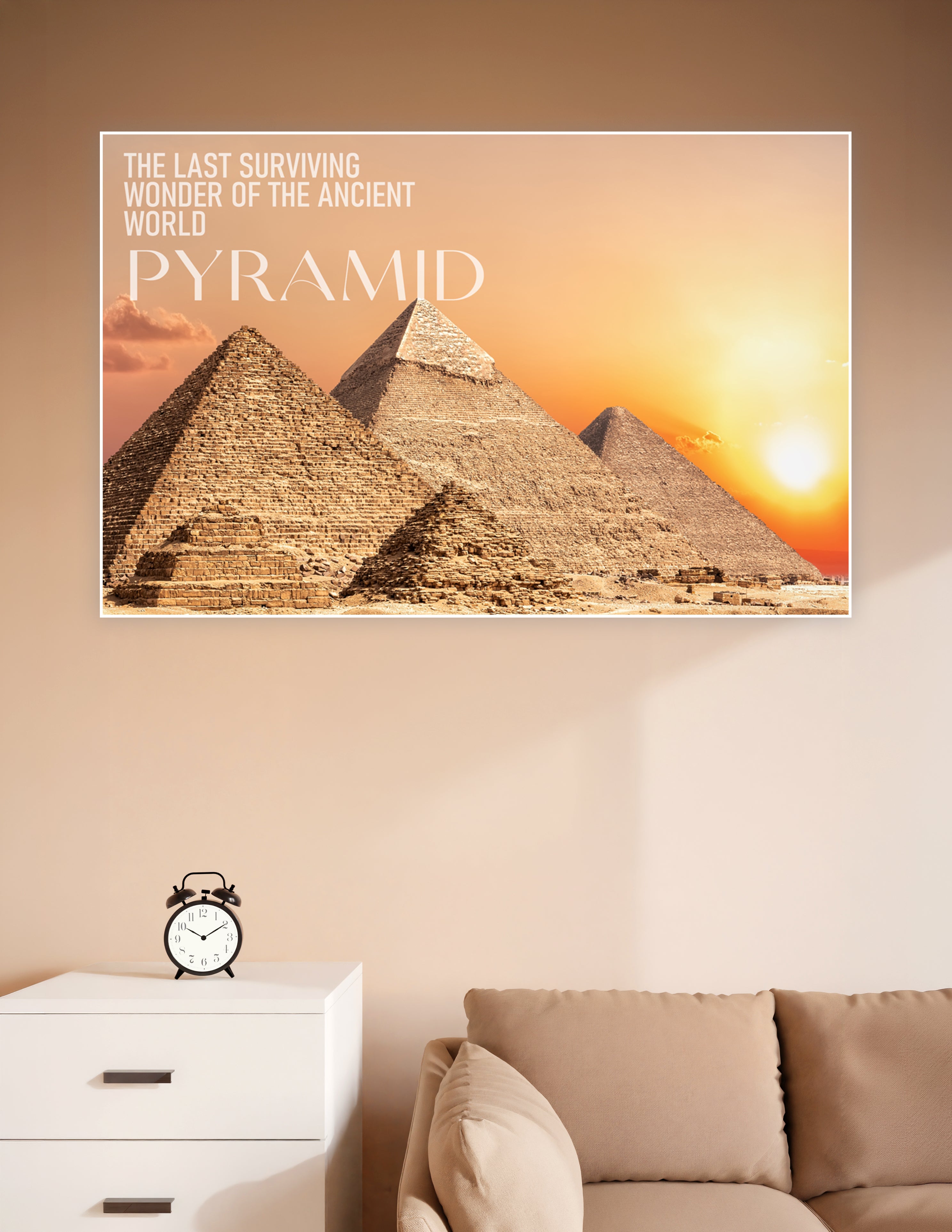 Great Pyramids of Giza at golden sunset with warm orange sky, labeled as the last surviving wonder of the ancient world