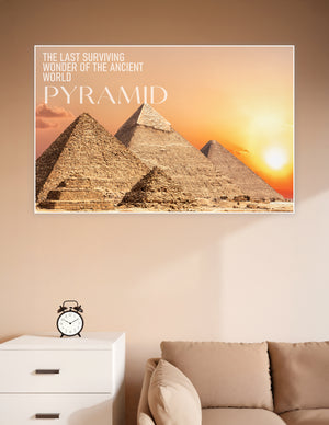 Great Pyramids of Giza at golden sunset with warm orange sky, labeled as the last surviving wonder of the ancient world