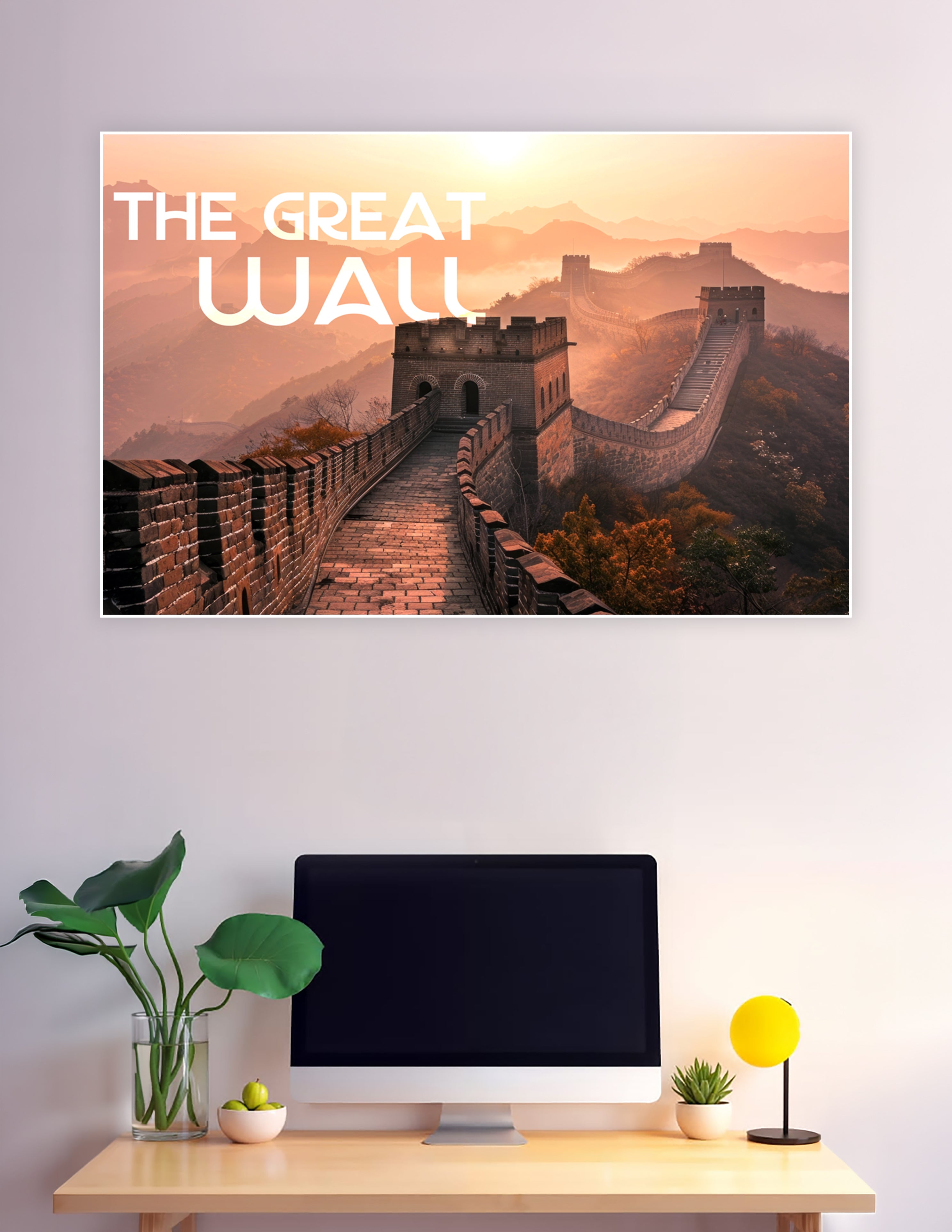 Great Wall of China at golden sunrise with misty mountains