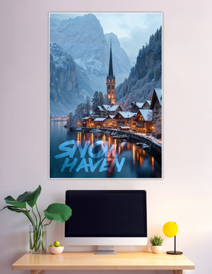 Snow-covered alpine village by lake with mountain backdrop