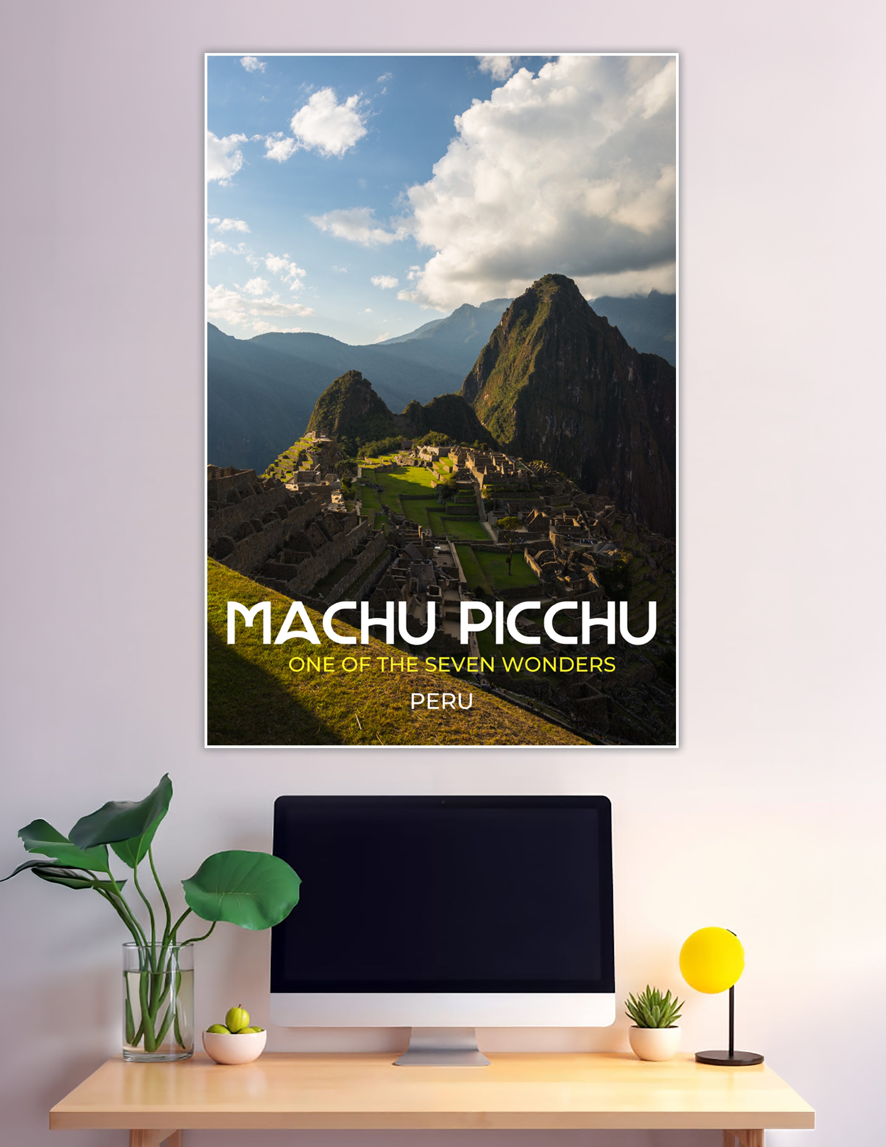 Machu Picchu Inca ruins aerial view Peru travel poster