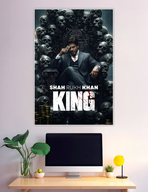 Shah Rukh Khan seated on a skull-adorned dark throne in a pinstripe suit, holding a card, with the title KING displayed below — cinematic Bollywood movie poster