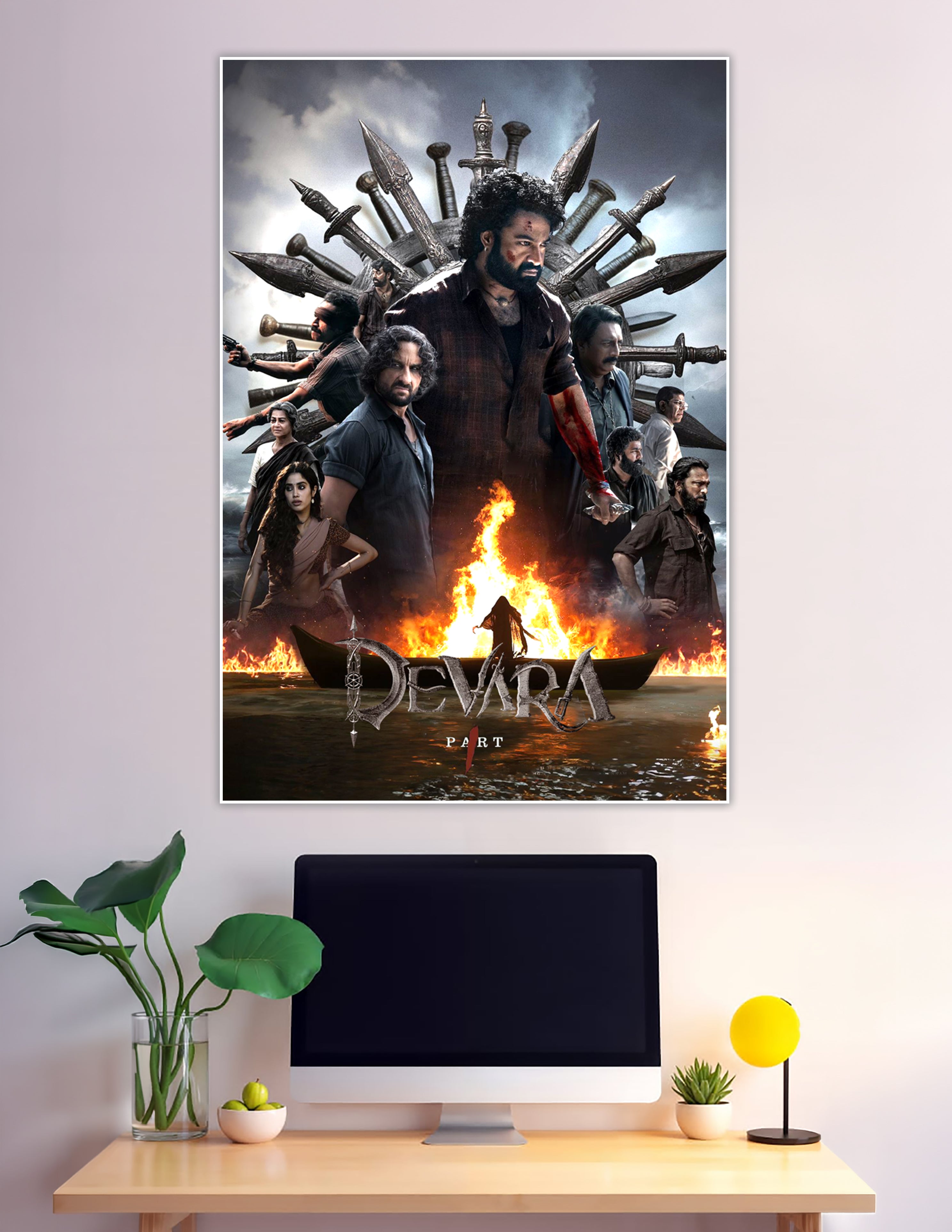 Devara Part 1 official movie poster featuring the lead character on a throne of swords with fire and ocean in the background