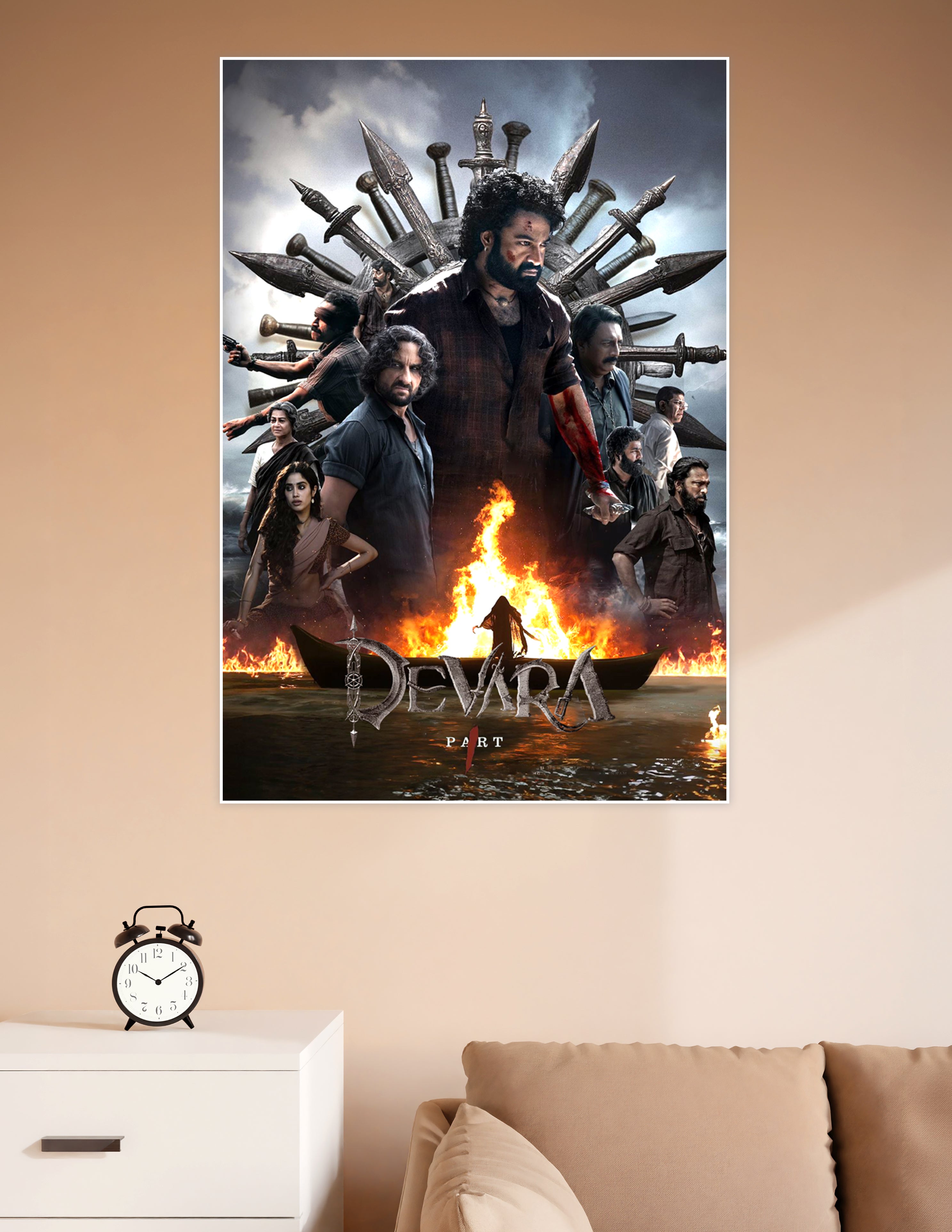 Devara Part 1 official movie poster featuring the lead character on a throne of swords with fire and ocean in the background