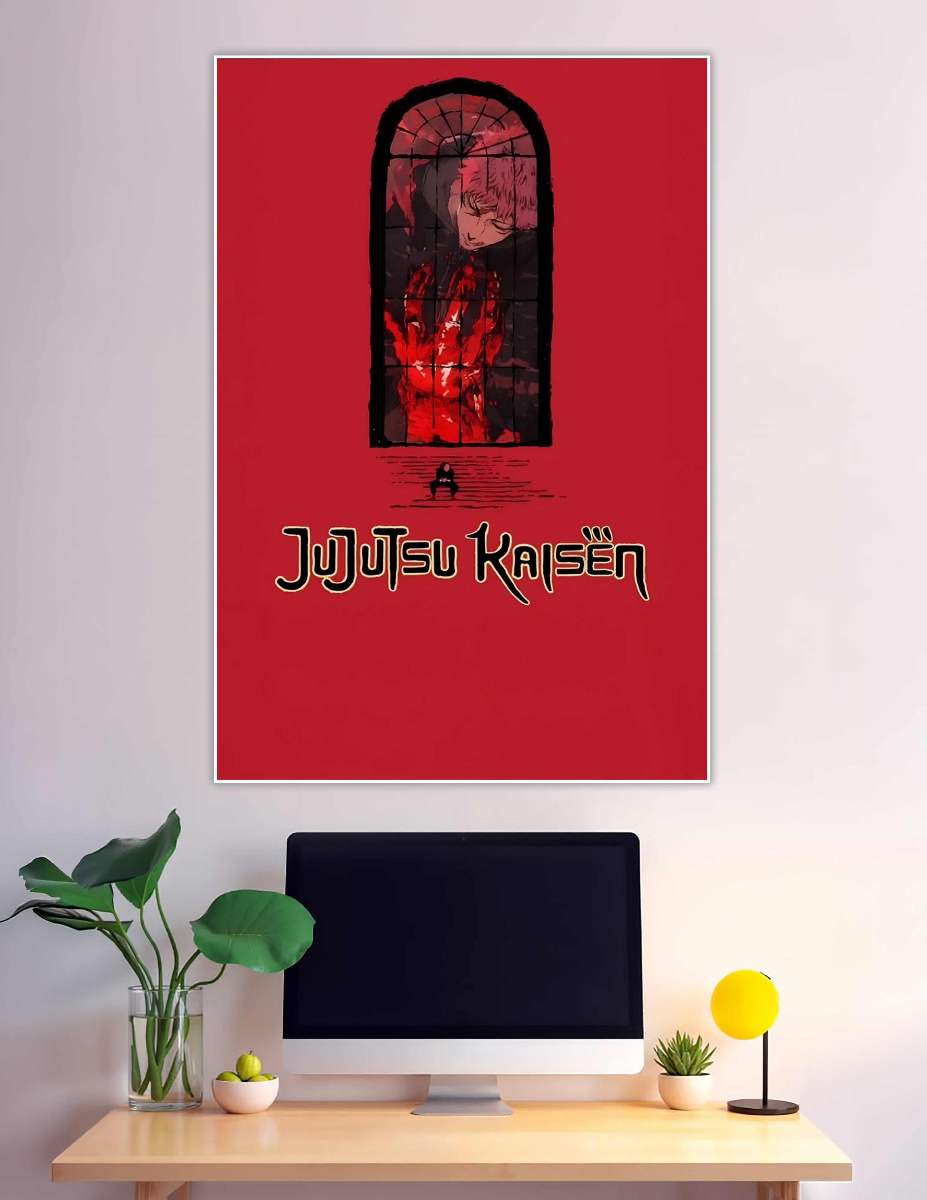 Jujutsu Kaisen anime poster with a crimson stained-glass window featuring a cursed hand and a lone figure on a red background