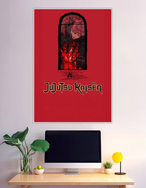 Jujutsu Kaisen anime poster with a crimson stained-glass window featuring a cursed hand and a lone figure on a red background