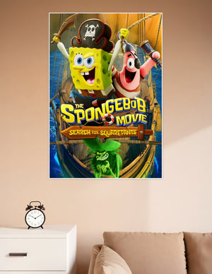 The SpongeBob Movie Search for SquarePants official movie poster featuring SpongeBob and Patrick Star dressed as pirates on a sailing ship with a green villain below