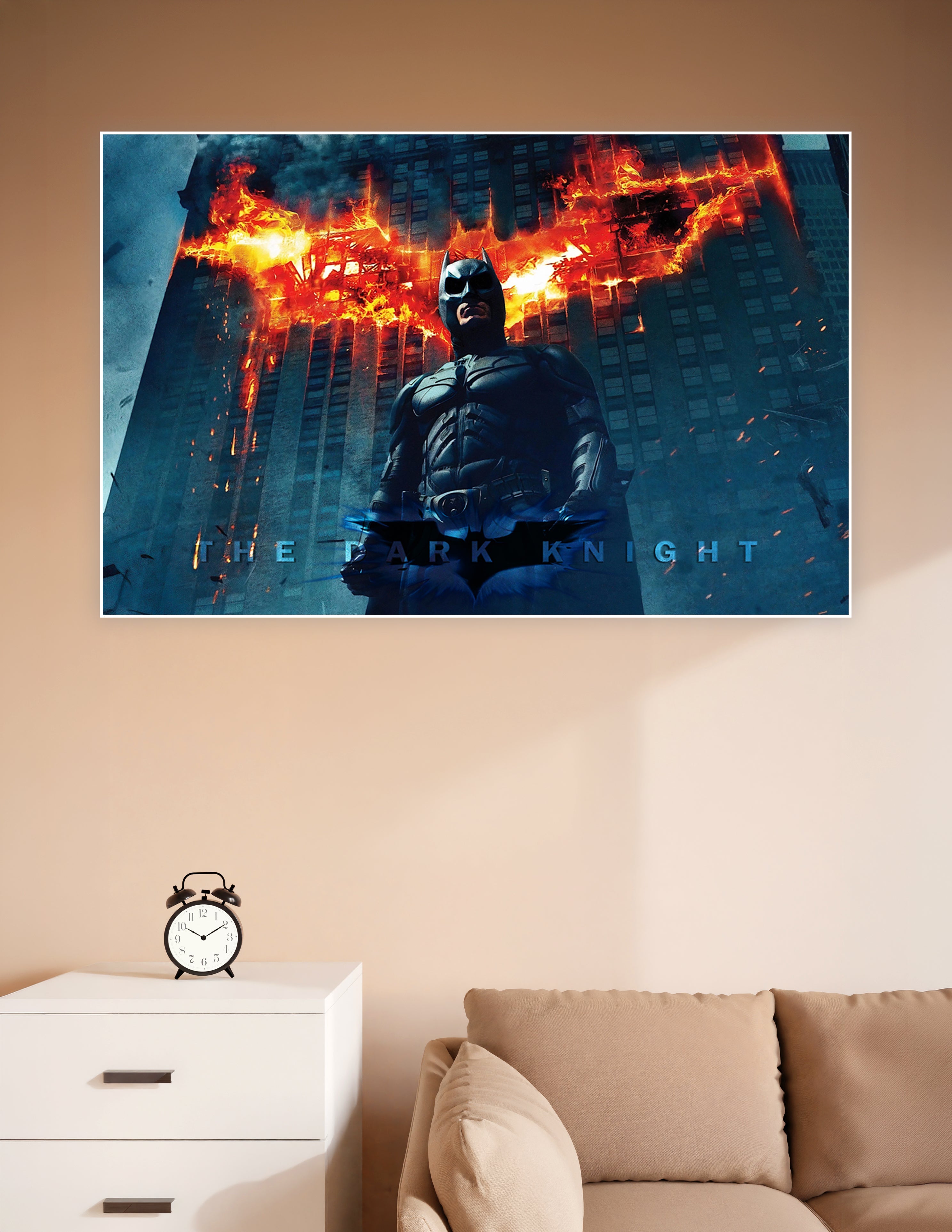 Batman standing in front of a burning bat signal on a Gotham skyscraper — The Dark Knight movie poster print