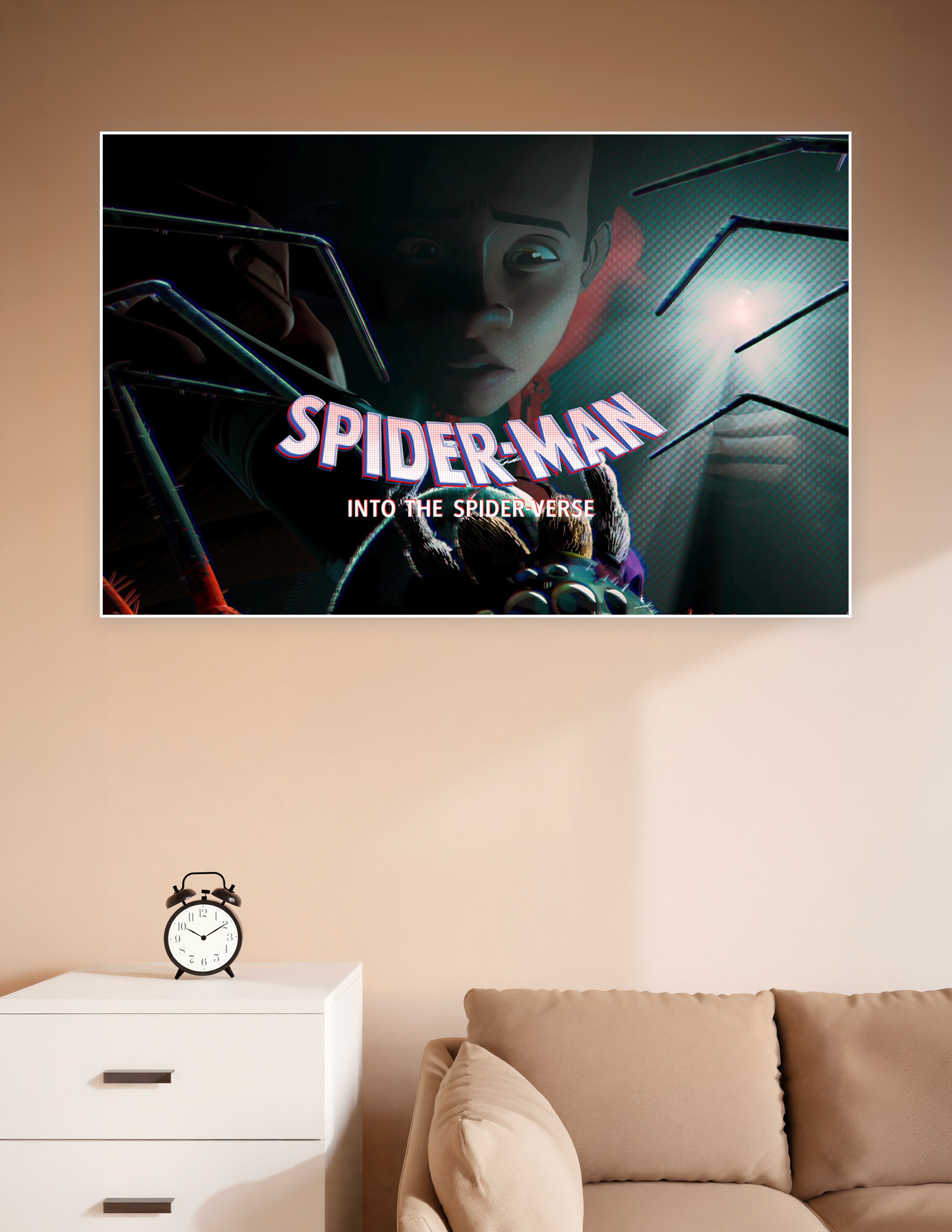 Spider-Man Into the Spider-Verse animated movie poster showing Miles Morales face-to-face with a large radioactive spider in dark cinematic lighting