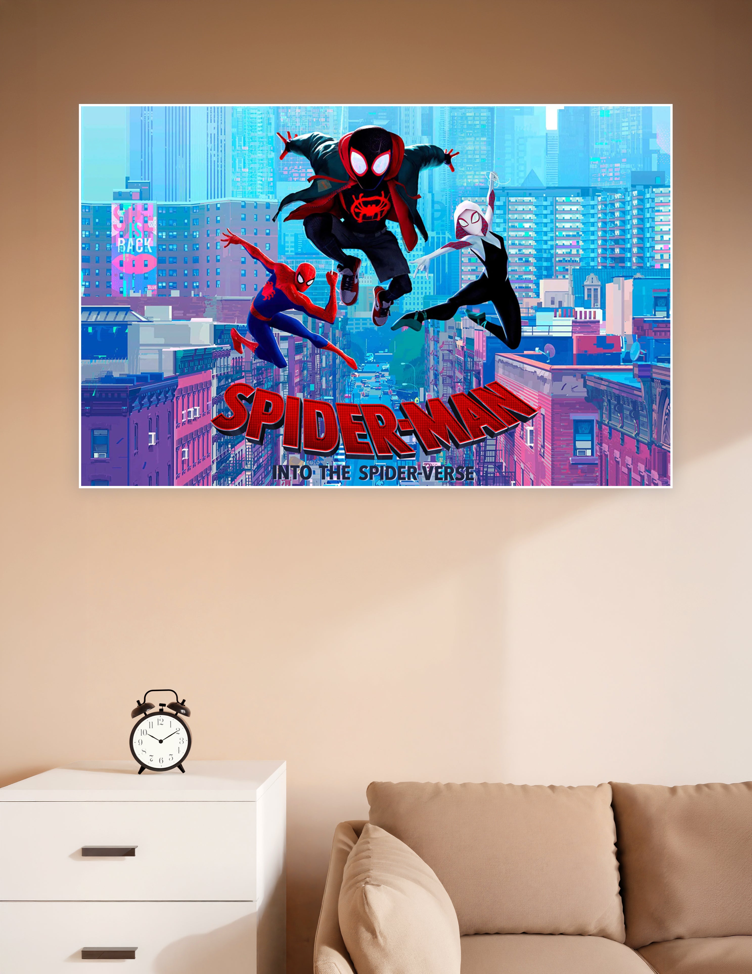 Spider-Man Into the Spider-Verse animated movie poster featuring Miles Morales, Peter Parker, and Spider-Gwen leaping over a neon New York City skyline
