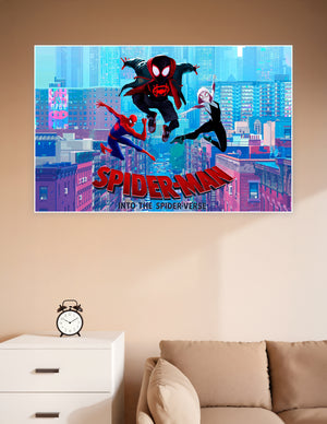 Spider-Man Into the Spider-Verse animated movie poster featuring Miles Morales, Peter Parker, and Spider-Gwen leaping over a neon New York City skyline