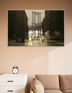 Once Upon a Time in America movie poster showing the Manhattan Bridge framed by dark Brooklyn tenement buildings with period street life in sepia tones