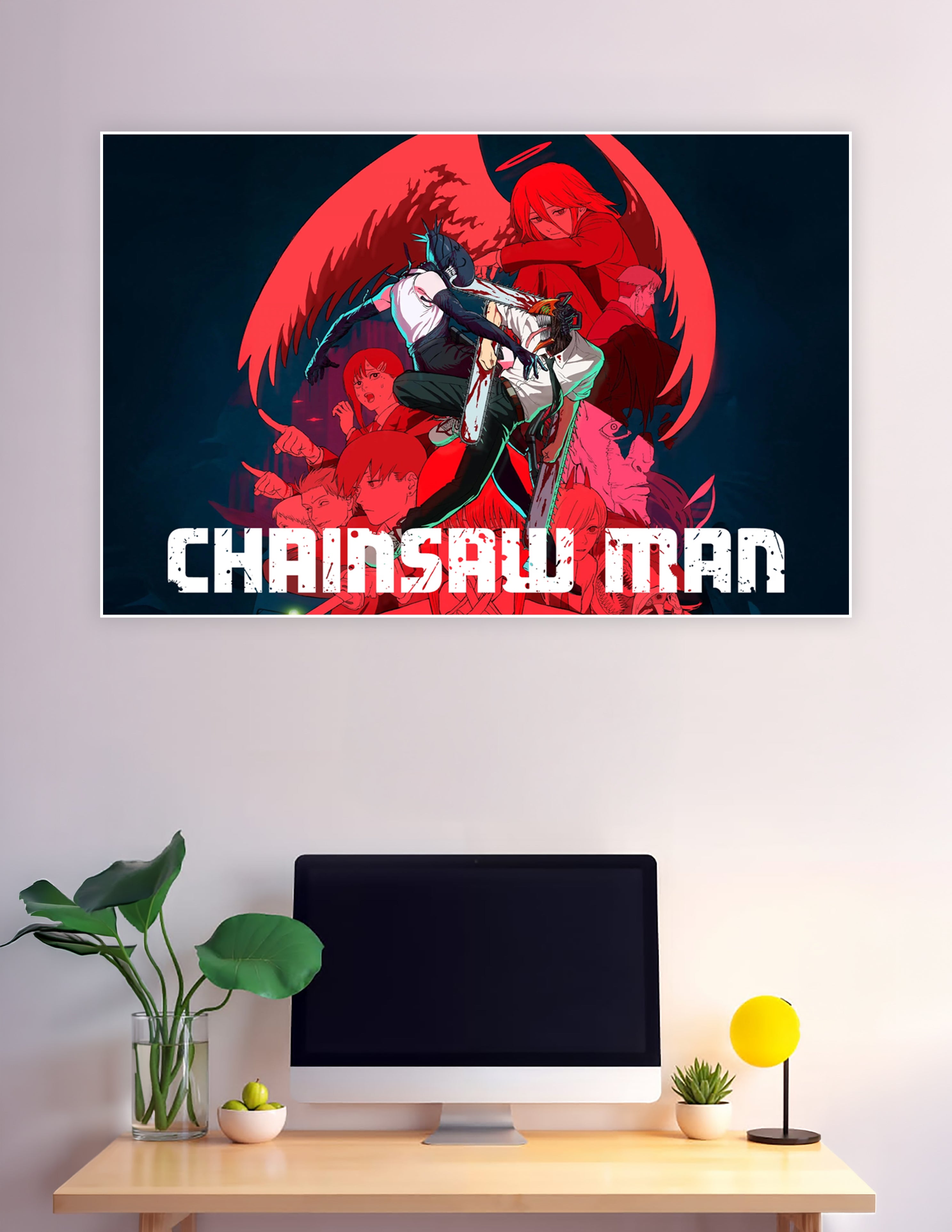 Chainsaw Man anime poster with Denji and cast in red