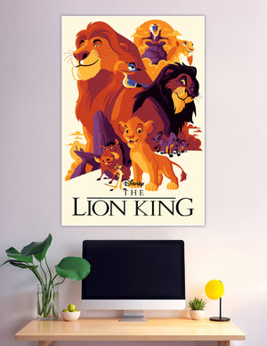 Stylized Disney Lion King poster featuring Simba, Mufasa, Scar, Rafiki, Timon, Pumbaa, and Nala in a bold warm illustrated art style