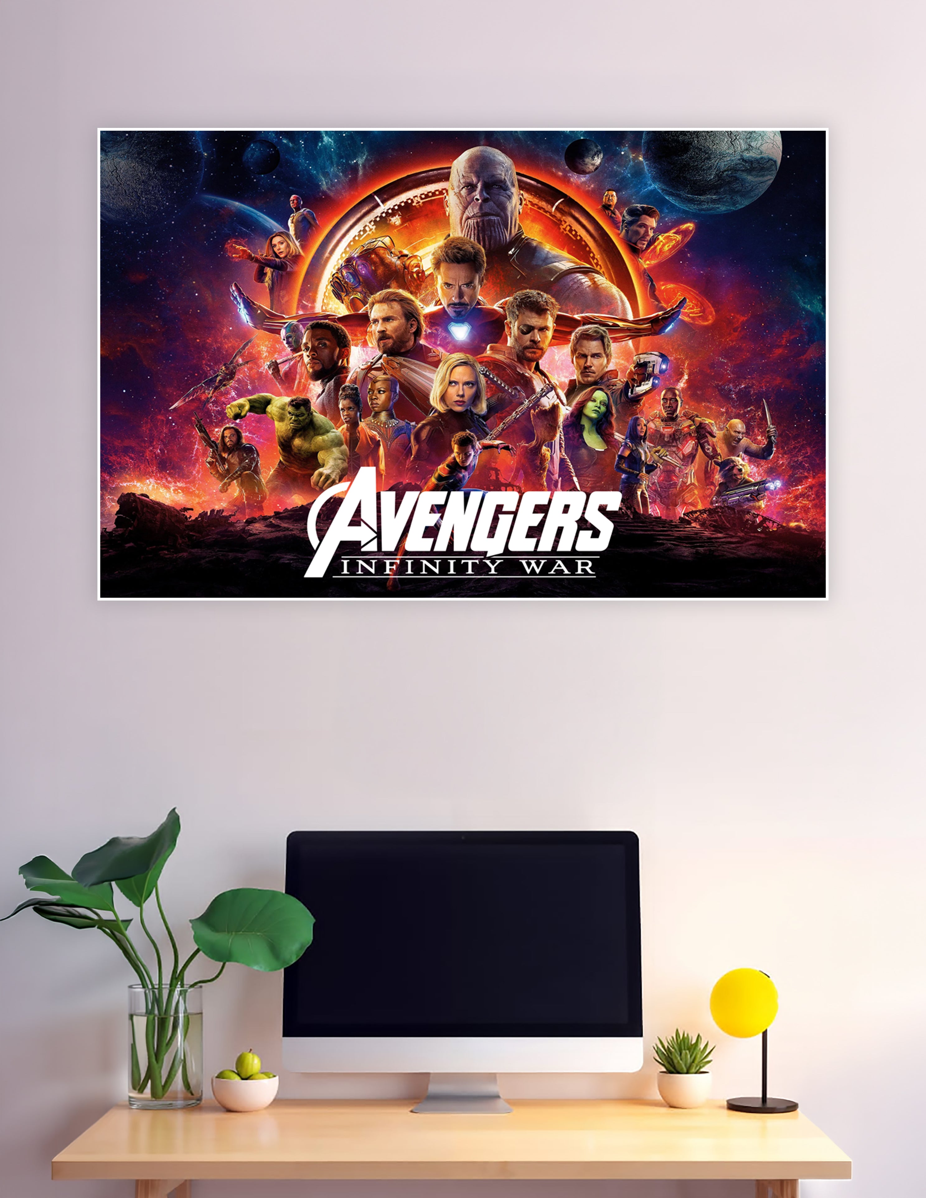 Avengers Infinity War official movie poster featuring Thanos with the Infinity Gauntlet surrounded by Iron Man, Captain America, Thor, Black Panther, and the full Marvel Avengers cast against a fiery cosmic background